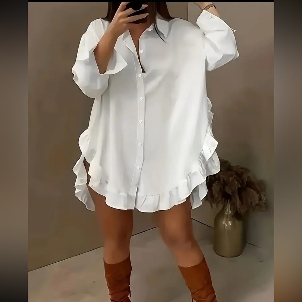 Women's White Ruffle Button-Up Top